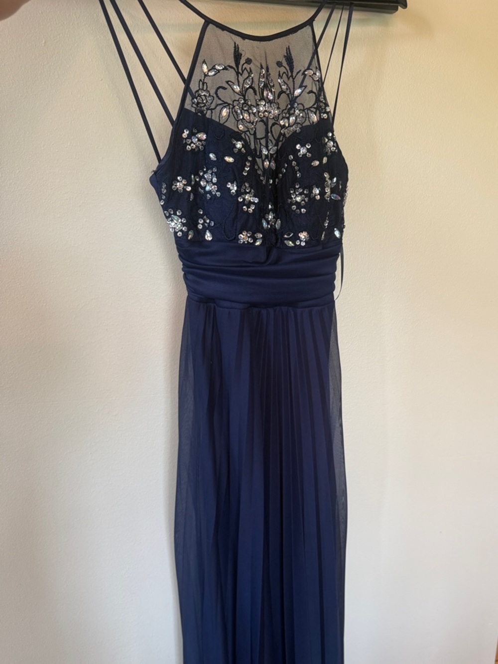 B Darlin Navy Beaded Illusion Maxi Dress